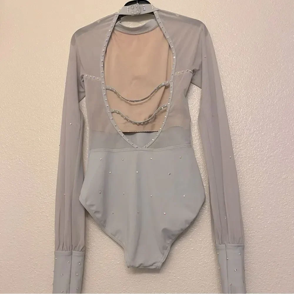 Weissman solo custom Dance costume gray Long Poet Sleeve Leotard MT11817 SA